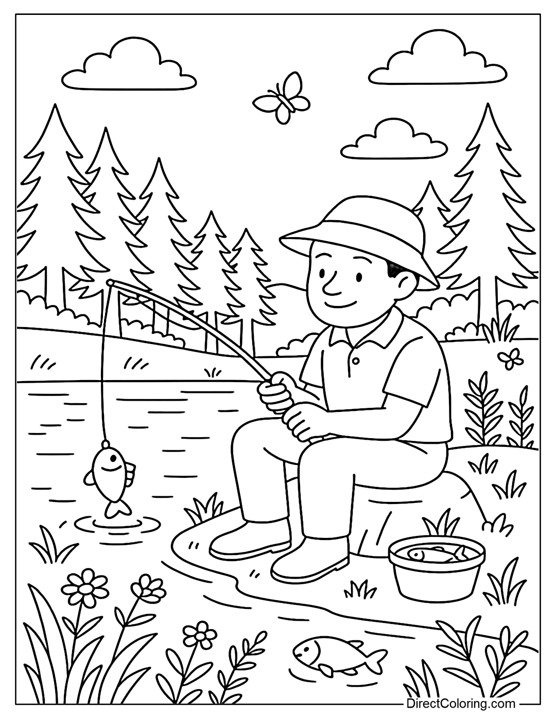 Coloring page of a person fishing in a lake in the middle of the forest, with flowers and butterflies flying around.